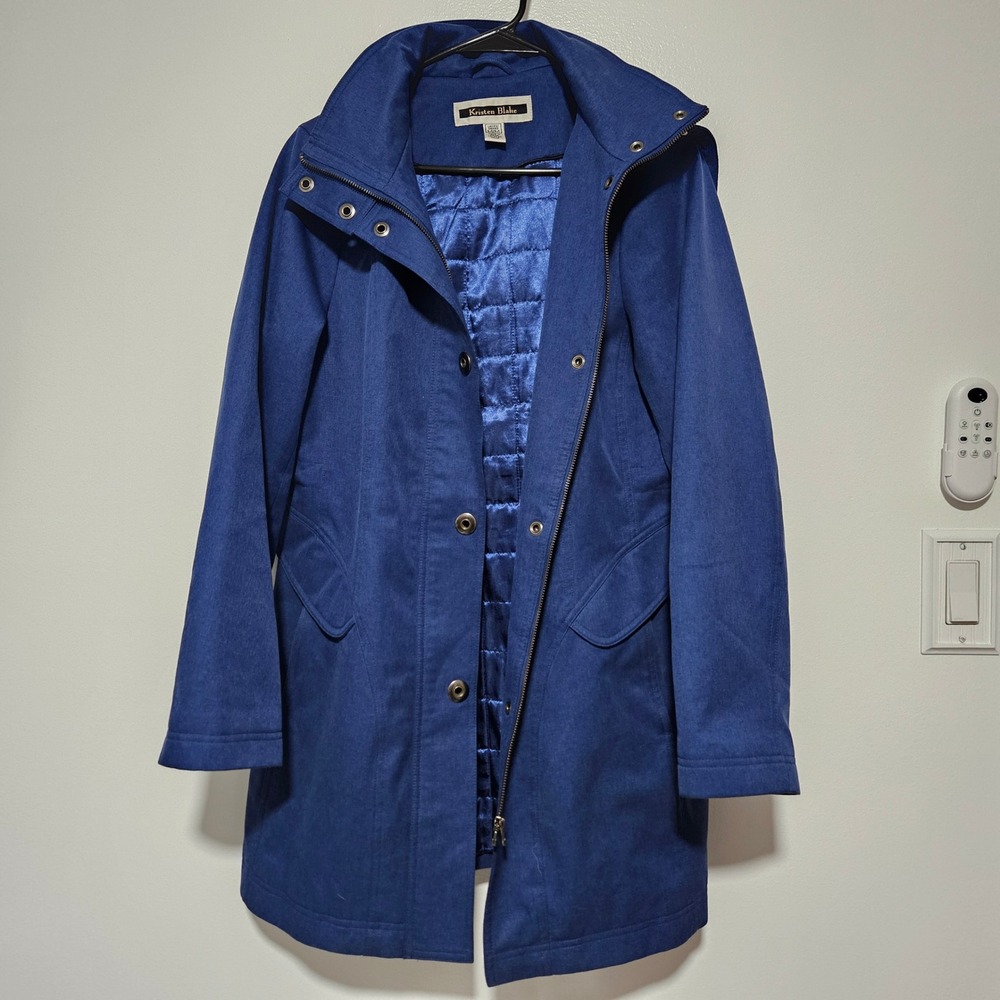 Kristen Blake Blue Hooded Parka Jacket Quilted Lining Drawstring Waist Womens M
